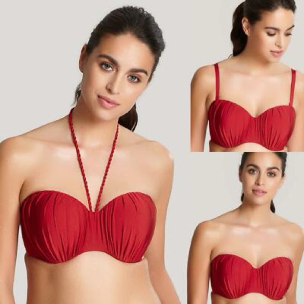 Panache Marina Underwire Ruched Molded Bandeau Bikini Red NEW 36FF Busty Curvy